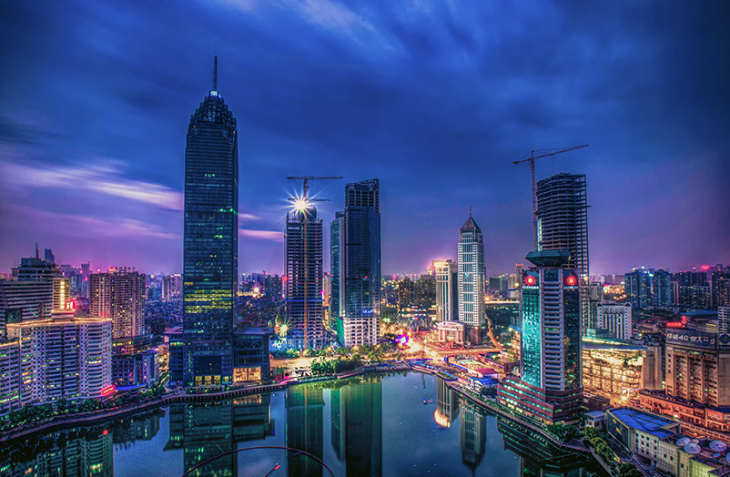 武漢航拍武漢城市夜景西北湖噴泉